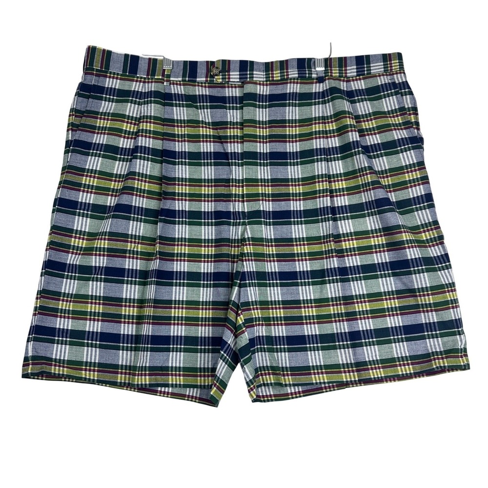 Vtg Berle Pleated Shorts Mens 44 Green Blue Yellow Plaid 9" Inseam
